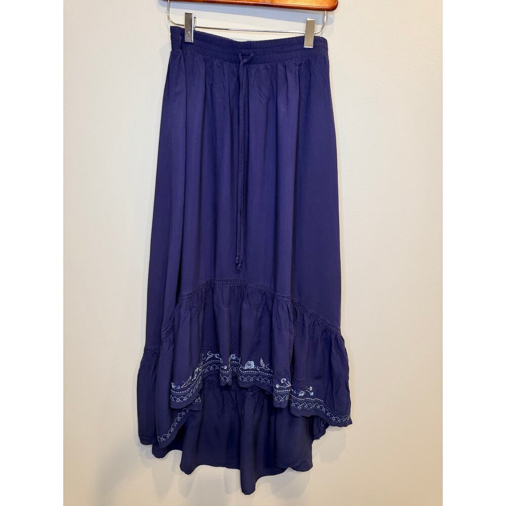 Blue Indigo Embroidered Maxi Skirt Asymmetric High Low Boho Peasant Skirt Size S